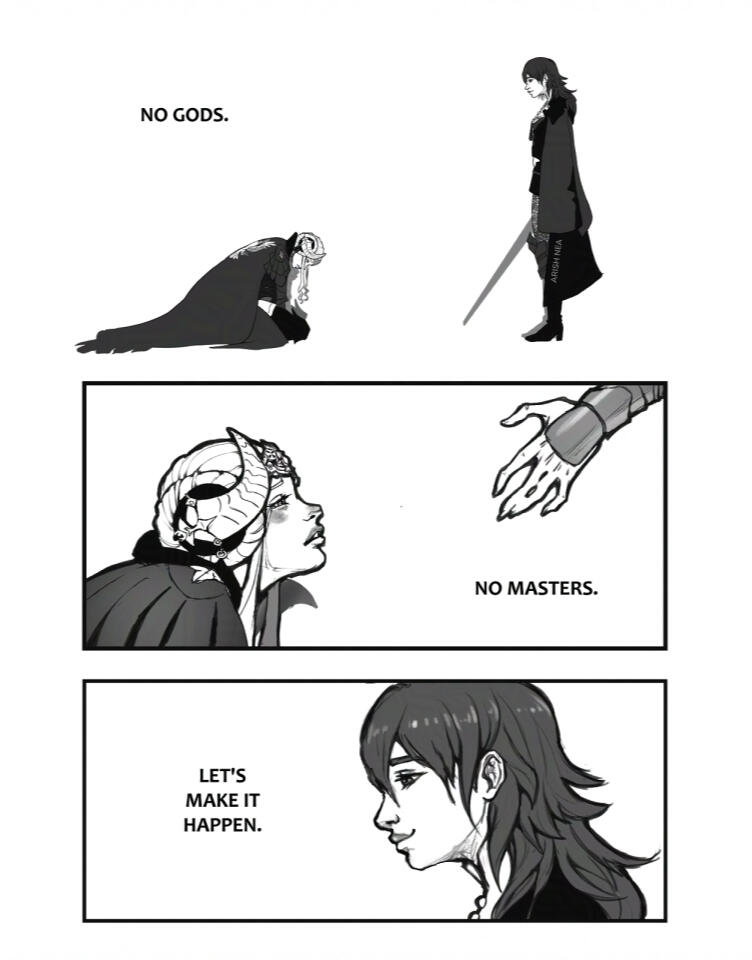 A comic portraying Edelgard and Byleth, characters from Fire Emblem Three Houses. The comic is drawn around anarchist "No gods. No masters." inspirational call to action as a reference to fighting for the better world.